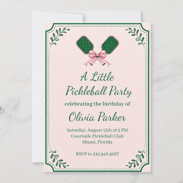 Invitación de cumpleaños de pickleball retro rosa (Anverso)