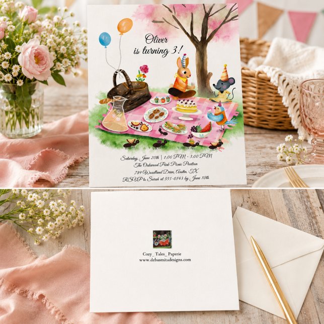 Invitación de cumpleaños de picnic de animales con (Subido por el creador)