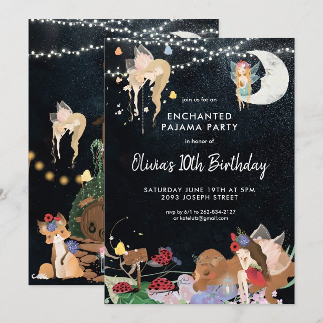Invitación de cumpleaños de pijama para fiesta de  (Anverso / Reverso)