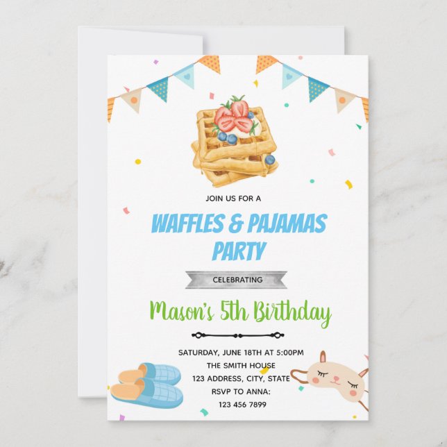 Invitación de cumpleaños de pijamas de Waffle (Anverso)