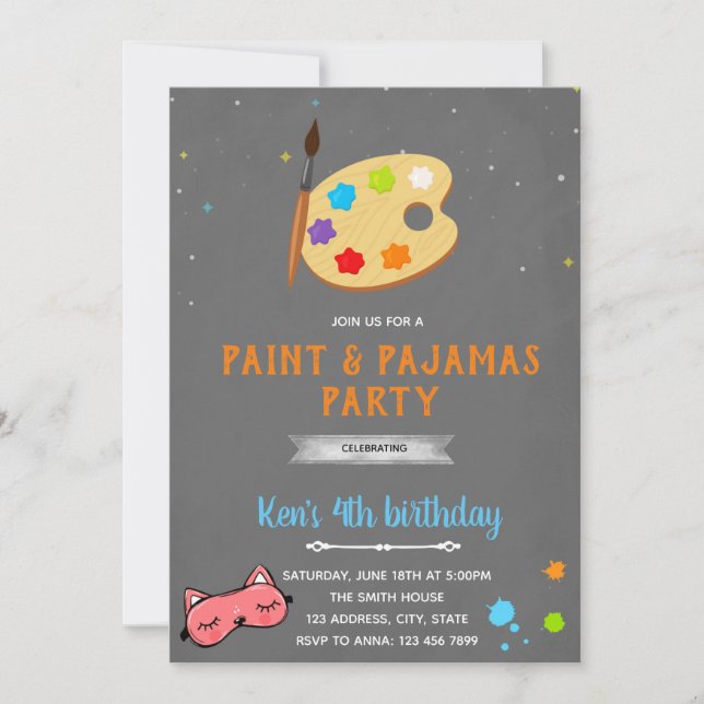 Invitación de cumpleaños de pijamas y pintura (Anverso)