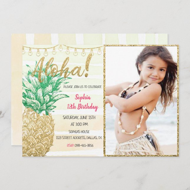 Invitación de cumpleaños de piña tropical con foto (Anverso / Reverso)