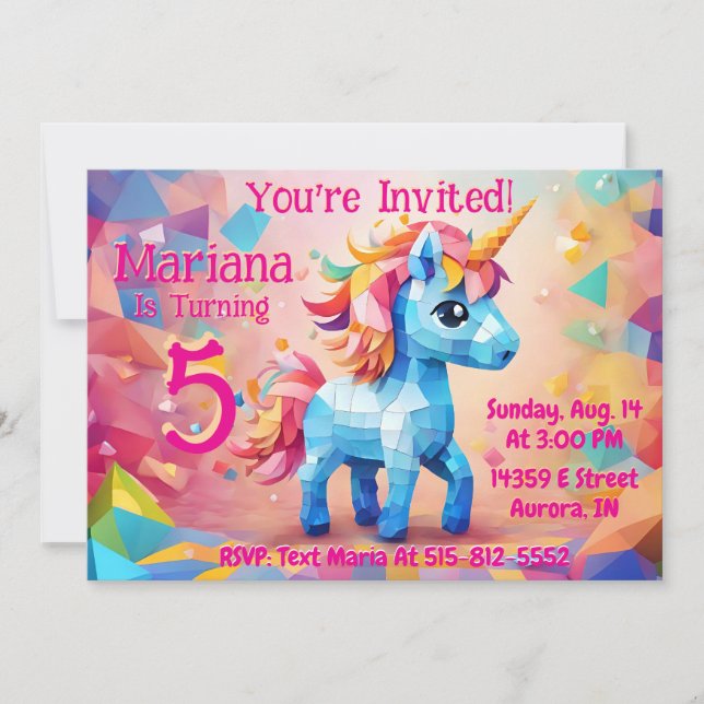 Invitación de cumpleaños de Pinata de Unicornio má (Anverso)