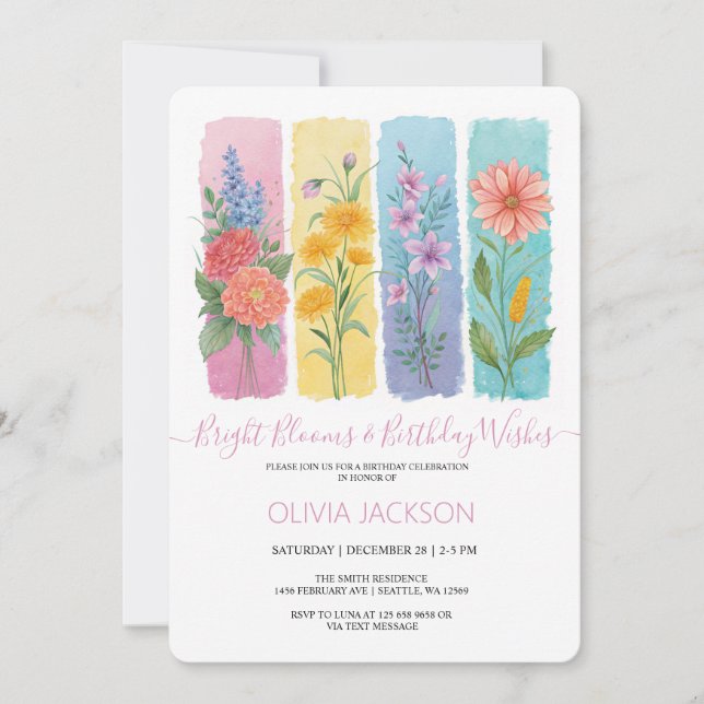 Invitación de cumpleaños de pincel floral acuarela (Anverso)