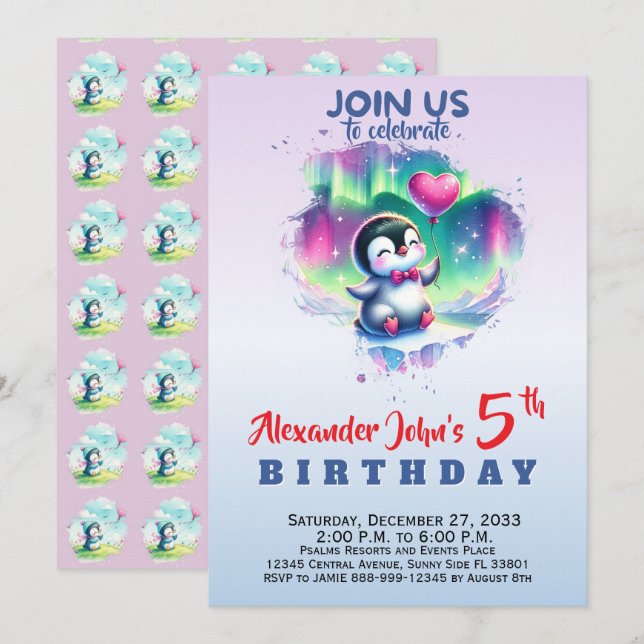 Invitación de cumpleaños de pingüino acuarela lind (Anverso / Reverso)