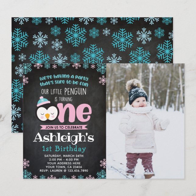 Invitación de cumpleaños de pingüino con foto (Anverso / Reverso)