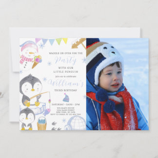 Invitación de cumpleaños de pingüino con foto