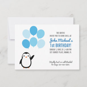 Invitación de cumpleaños de pingüino de globo azul