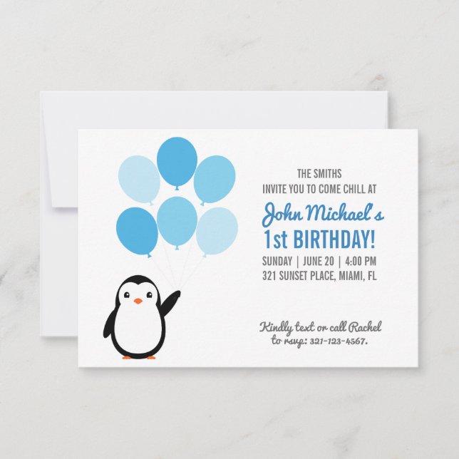 Invitación de cumpleaños de pingüino de globo azul (Anverso)