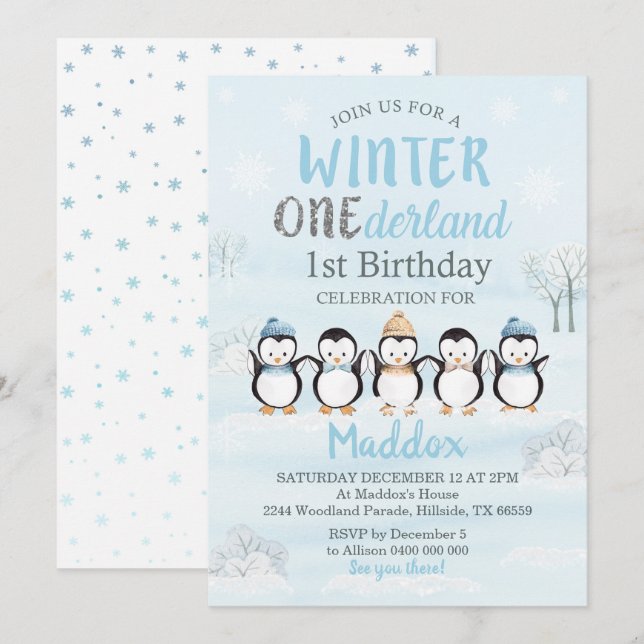 Invitación de cumpleaños de Pingüino Invitación de (Anverso / Reverso)