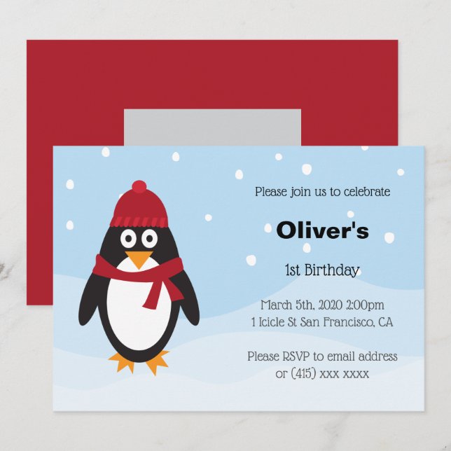 Invitación de cumpleaños de pingüino para los cump (Anverso / Reverso)