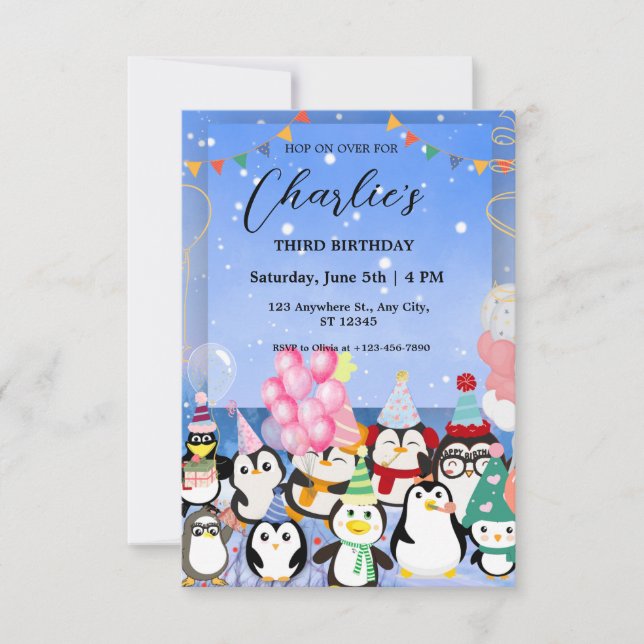 invitación de cumpleaños de pingüino para niño (Anverso)