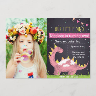 Invitación de cumpleaños de Pink Dino con foto