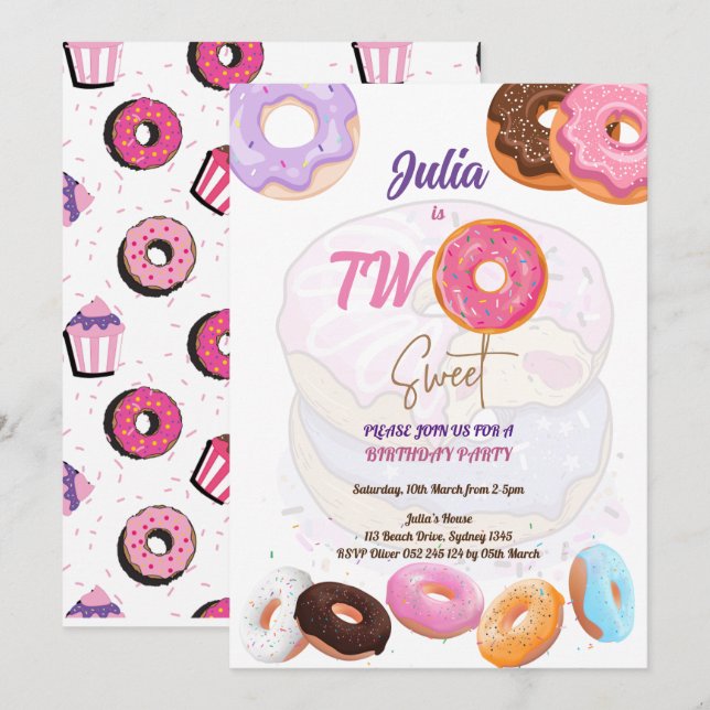 Invitación de cumpleaños de Pink Donut (Anverso / Reverso)