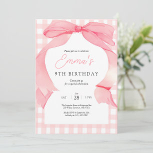 Invitación de cumpleaños de Pink Gingham Bow
