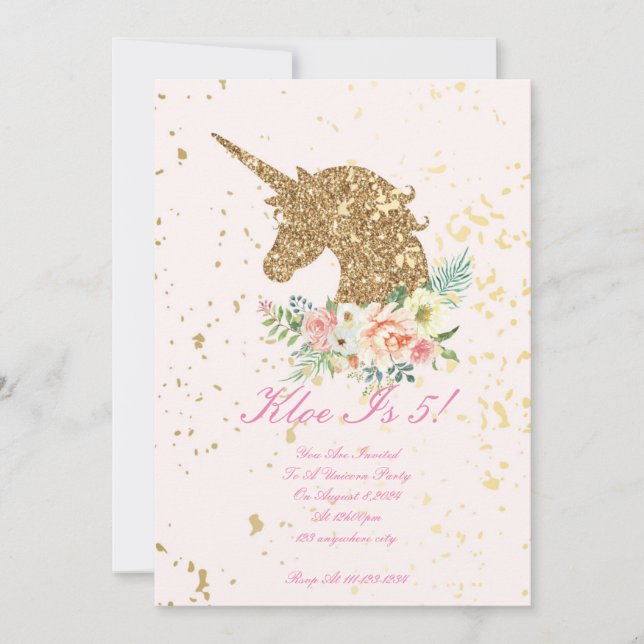 Invitación de cumpleaños de Pink Gold unicorn (Anverso)