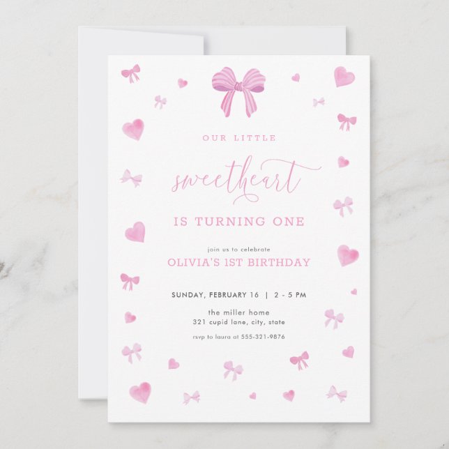 Invitación de cumpleaños de Pink Heart Little (Anverso)