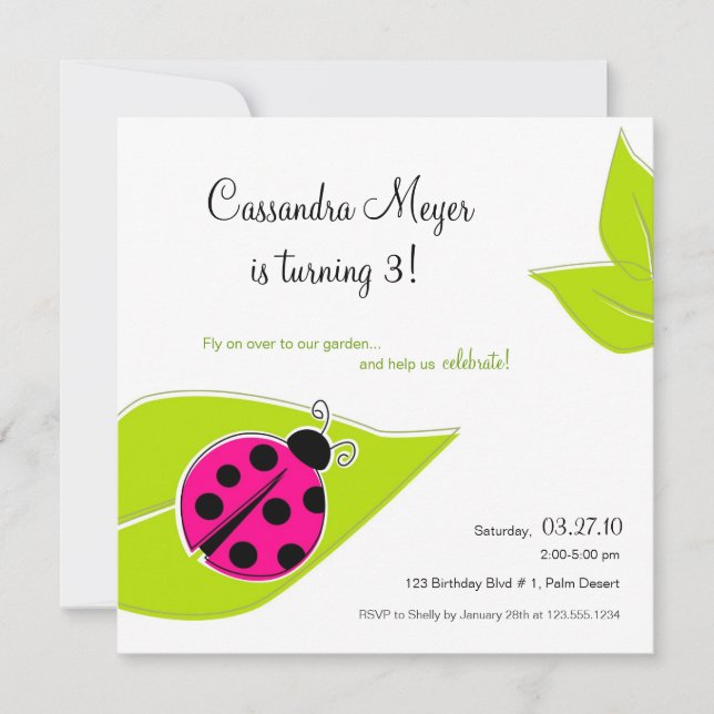 Invitación de cumpleaños de Pink Ladybug Square (Anverso)