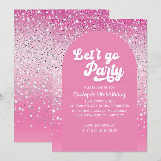 Invitación de cumpleaños de Pink Let's Go Fiesta (Anverso / Reverso)