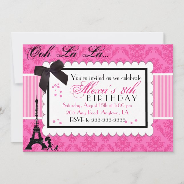 Invitación de cumpleaños de Pink Paris Damask (Anverso)