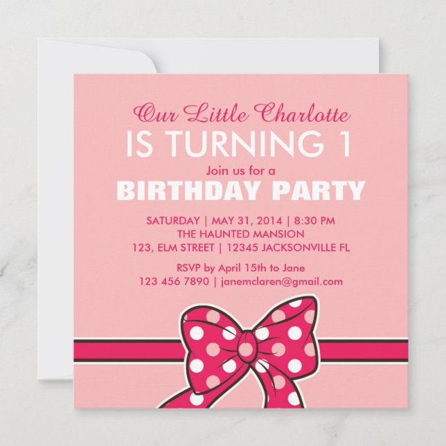 Invitación de cumpleaños de Pink Polka Dots Ribbon (Anverso)