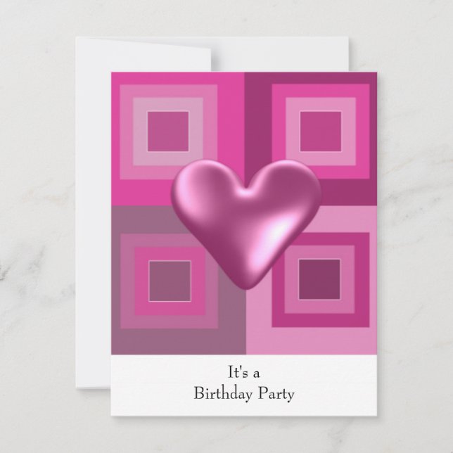 Invitación de cumpleaños de Pink Puffy Heart (Anverso)