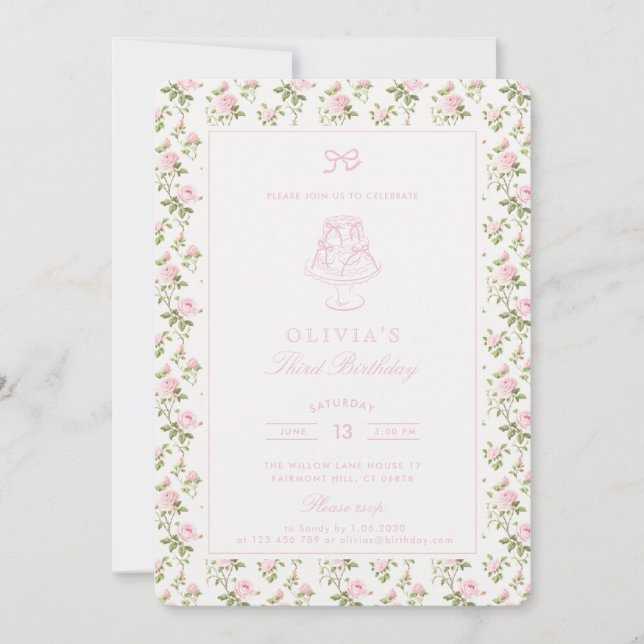 Invitación de cumpleaños de Pink rose trellis cott (Anverso)
