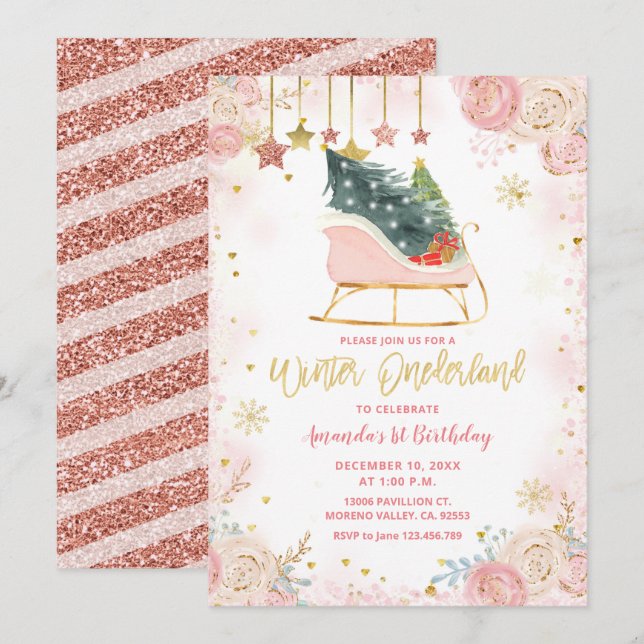  Invitación de cumpleaños de Pink Sleigh Winter On (Anverso / Reverso)