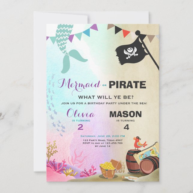 Invitación de cumpleaños de Pirata o Sirena (Anverso)