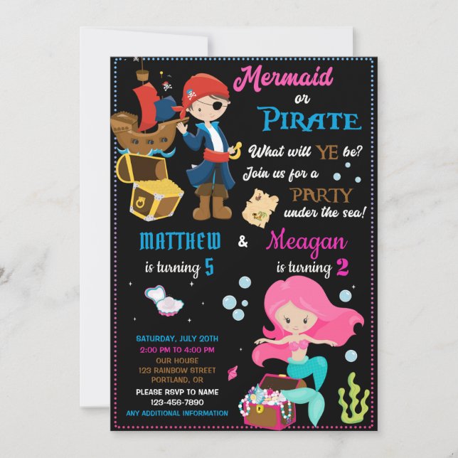 Invitación de cumpleaños de Pirata y Sirena Dos te (Anverso)