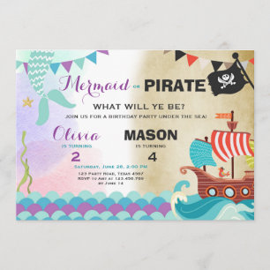 Invitación de cumpleaños de piratas o sirenas herm