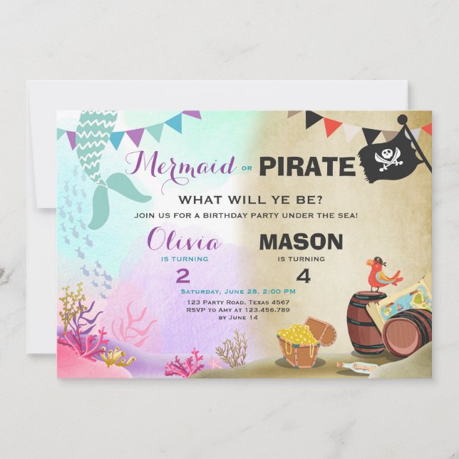 Invitación de cumpleaños de piratas o sirenas Herm (Anverso)