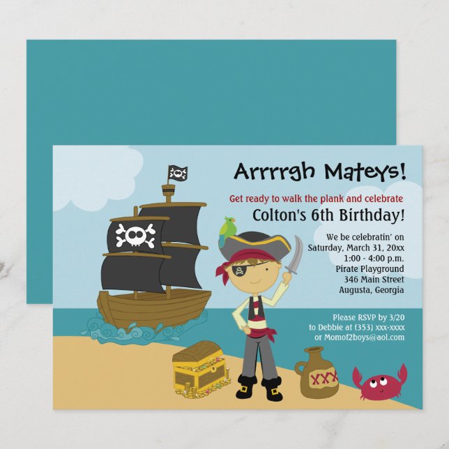 Invitación de cumpleaños de Pirate Boy 5x7 (Anverso / Reverso)