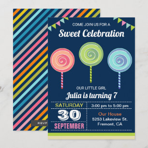 Invitación de cumpleaños de piruletas dulces color