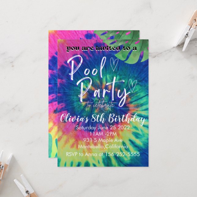 Invitación de Cumpleaños de Piscina Tie Dye Fiesta (Anverso/Reverso In Situ)
