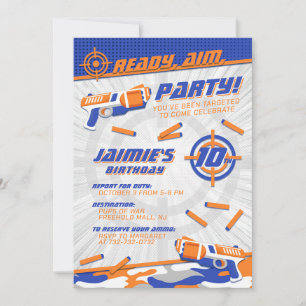 Invitación de cumpleaños de pistola de dardos defi