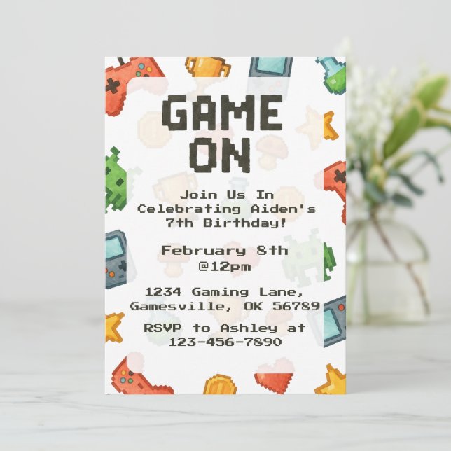 Invitación de cumpleaños de Pixel Watercolor Gamin (Anverso de pie)
