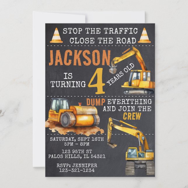 Invitación de cumpleaños de pizarra de construcció (Anverso)