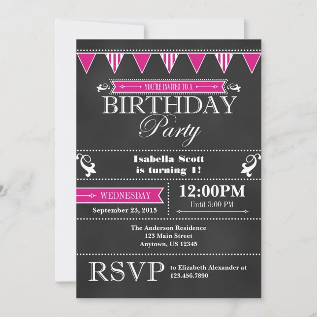 Invitación de cumpleaños de pizarra negra rosa cal (Anverso)