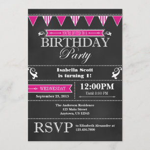 Invitación de cumpleaños de pizarra negra rosa cal