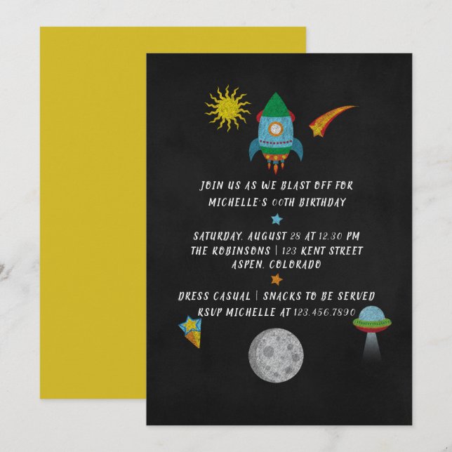 Invitación de cumpleaños de pizarra temática de Es (Anverso / Reverso)