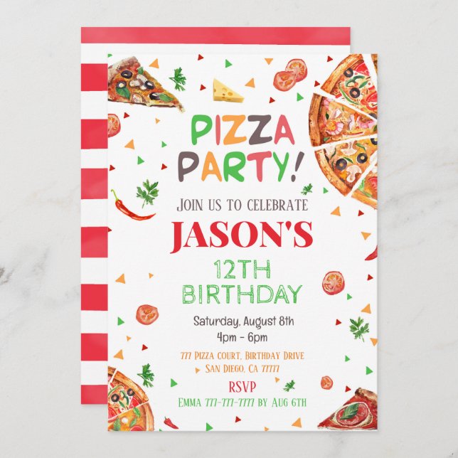 Invitación de cumpleaños de Pizza (Anverso / Reverso)