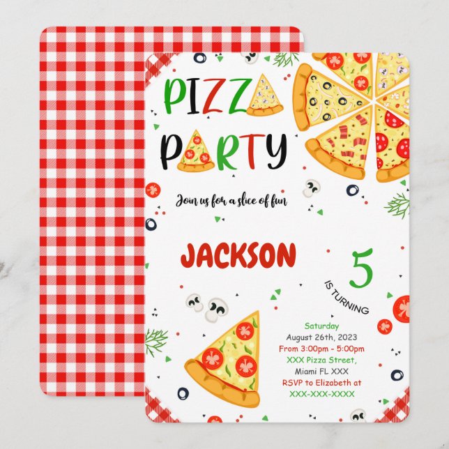 Invitación de cumpleaños de Pizza (Anverso / Reverso)