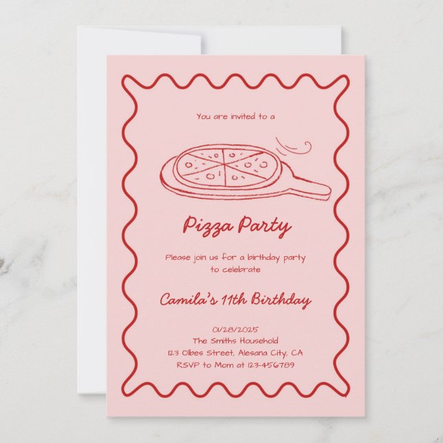 Invitación de cumpleaños de Pizza dibujada a mano (Anverso)