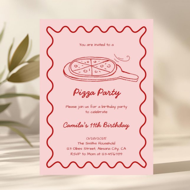 Invitación de cumpleaños de pizza dibujada a mano  (Hand Drawn Pizza Birthday Invitation Whimsical)