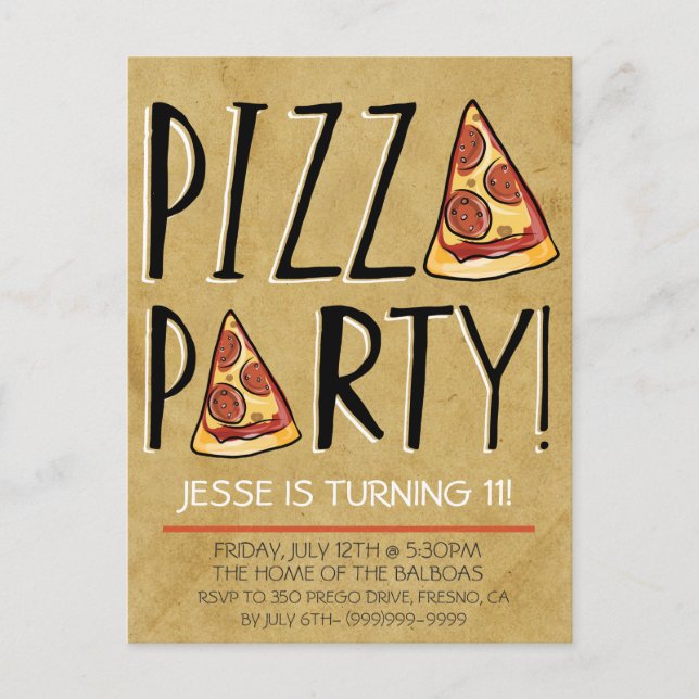 INVITACIÓN DE CUMPLEAÑOS DE PIZZA FIESTA PARA NIÑO (Anverso)