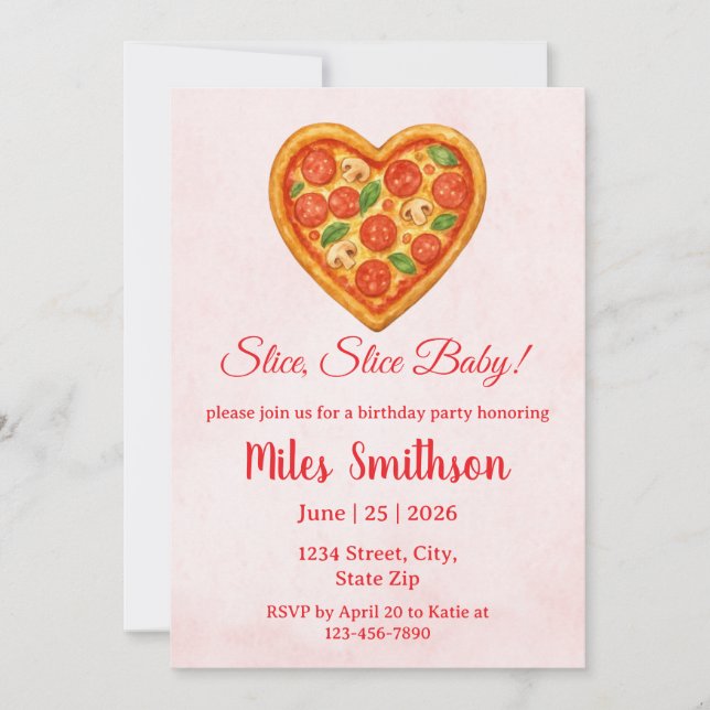 Invitación de Cumpleaños de Pizza Heart | Cuadros  (Anverso)