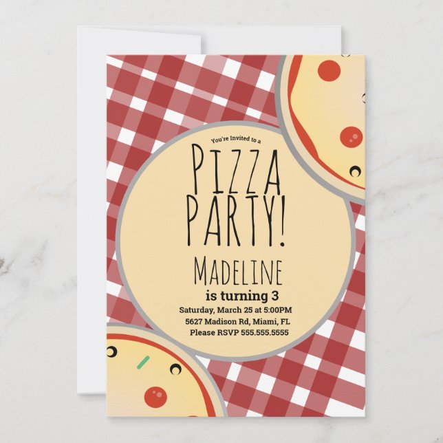 Invitación de Cumpleaños de Pizza Moderna a Cuadro (Anverso)