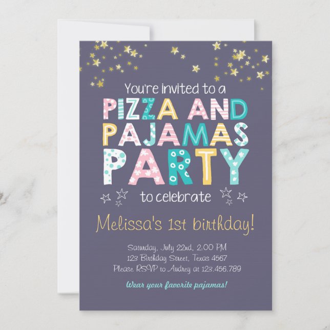 Invitación de cumpleaños de Pizza y Pajamas (Anverso)