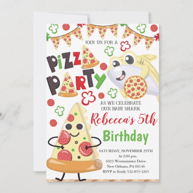 Invitación de cumpleaños de pizza y tiburón, diver (Anverso)